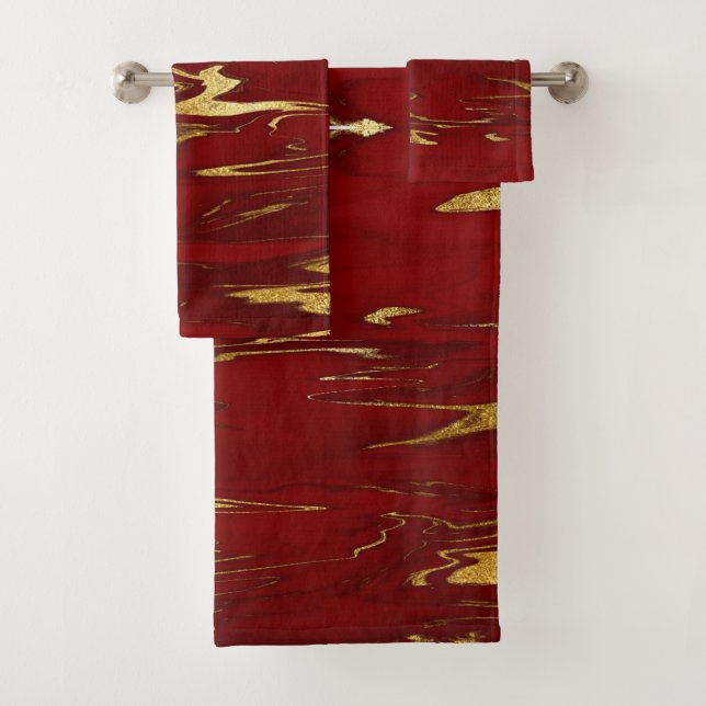 Glam Red Gold Faux Marble Bath Towel Set (Insitu)