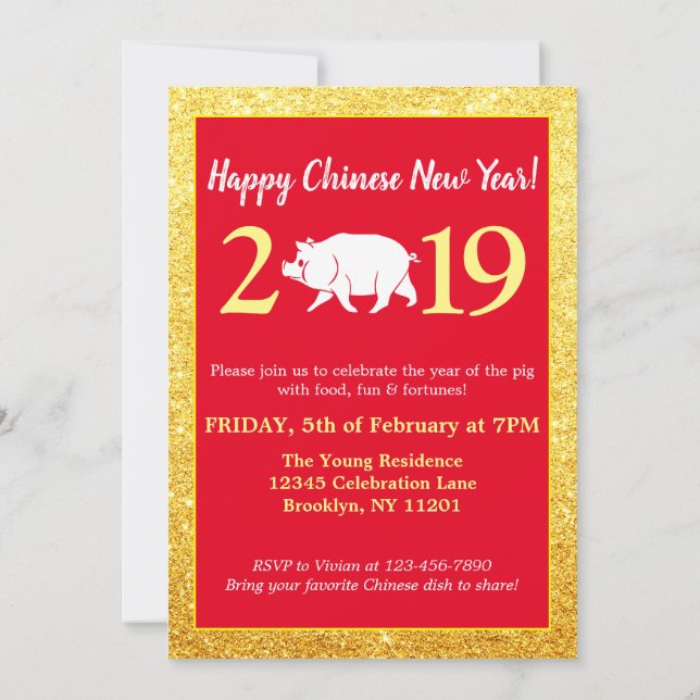 Glam Red Gold Glitter Chinese New Year 2019 Pig Invitation (Back)