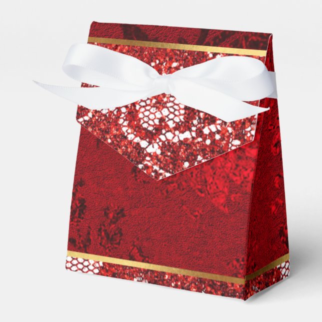Glam Red Gold White Lace Gift Favor Box (Front Side)
