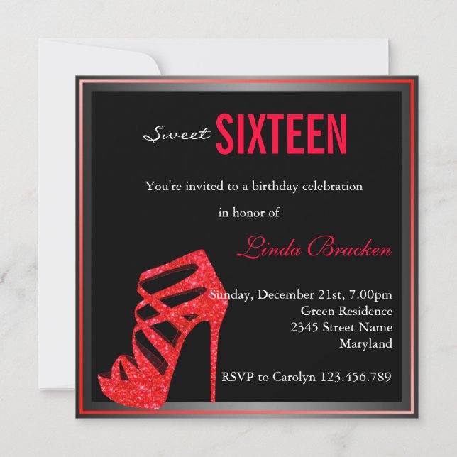 Glam Red High Heel Black Sweet Sixteen Invite (Front)