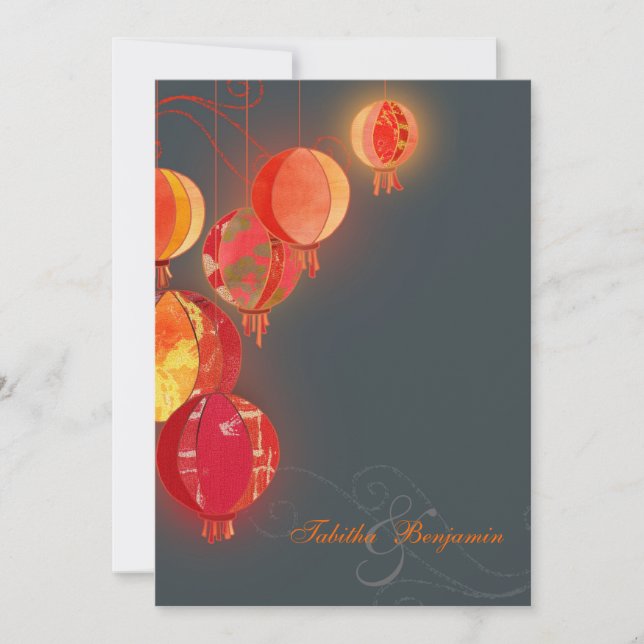 Glam Red Lanterns Charcoal Grey Wedding Invitation (Front)