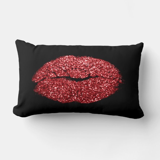 Glam Red Lips Glitter Black Makeup Kiss Lumbar Pillow (Front)