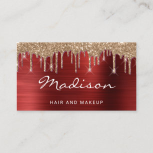 Glam Red Metal Gold Glitter Drip Hair & Makeup Business Card