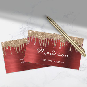 Glam Red Metal Gold Glitter Drip Hair & Makeup Business Card