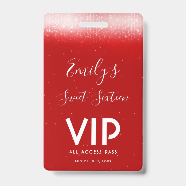 Glam Red Sweet 16  Invitation VIP Pass Badge (Front)