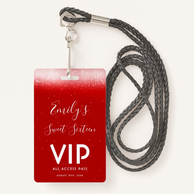 Glam Red Sweet 16  Invitation VIP Pass Badge (Front with Lanyard)