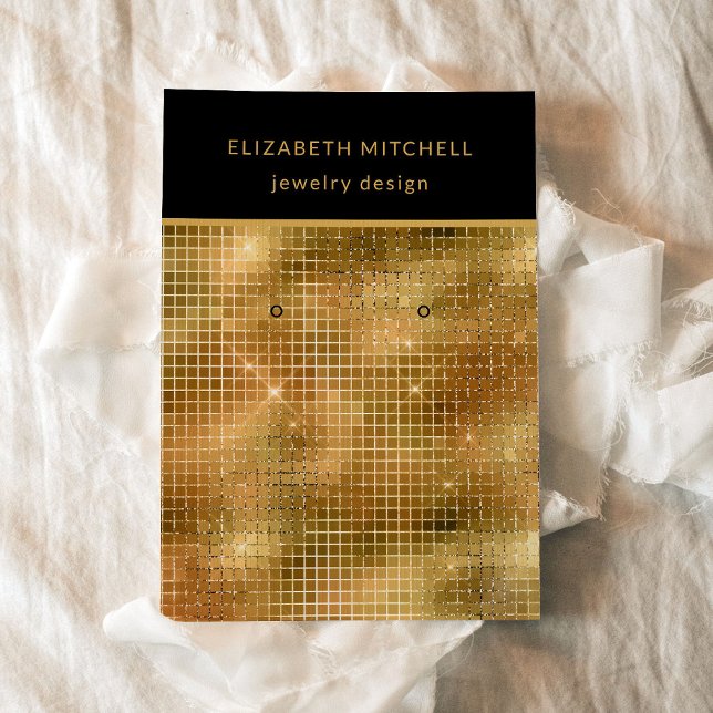 Glam Retro Gold Disco | Carte d'affichage à oreill (A glam, disco inspired earring display card in black and gold.)