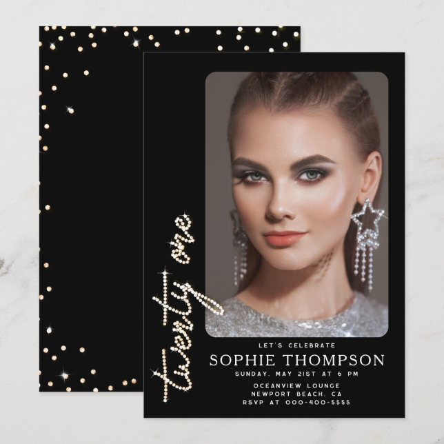 Glam Rhinestones Black White 21st Birthday Photo Invitation (Front/Back)