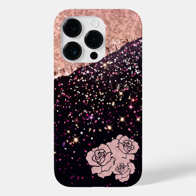 Glam Rose Black Glitter Blush Roses Case-Mate iPhone Case (Back)