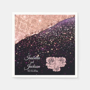 Glam Rose Black Glitter Blush Roses Wedding Napkin