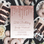 Glam Rose Gold 21st Birthday Party Invitation<br><div class="desc">This trendy 21st birthday invitation features a sparkly rose gold faux glitter drip border and ombre background. The words "21st Birthday" and the name of the guest of honour appear in dark rose casual handwriting script, with the rest of the customizable text in sans serif font. The same rose gold...</div>