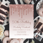 Glam Rose Gold 50th Birthday Party Invitation<br><div class="desc">This trendy 50th birthday invitation features a sparkly rose gold faux glitter drip border and ombre background. The words "50th Birthday" and the name of the guest of honor appear in dark rose casual handwriting script, with the rest of the customizable text in sans serif font. The same rose gold...</div>
