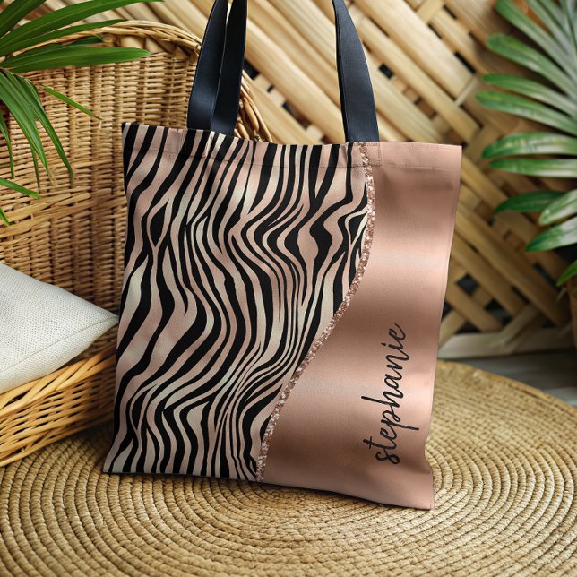 Glam Rose Gold Black Tiger Stripes Metallic Name Tote Bag (Creator Uploaded)