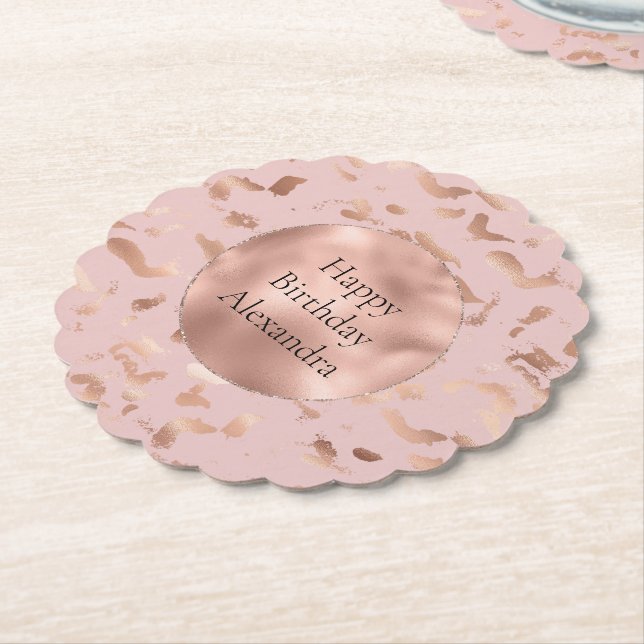 Glam Rose Gold Blush Abstract Birthday Paper Coaster (Angled)