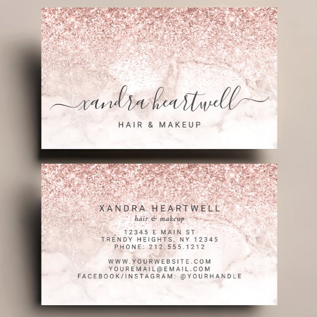 Glam Rose Gold Blush Marble Glitter Script Business Card (Creator Uploaded)