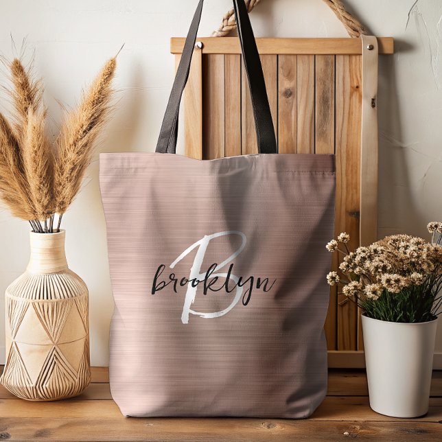 Glam Rose Gold Brushed Metal Black White Monogram  Tote Bag (Creator Uploaded)