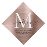 Glam Rose Gold Brushed Metal Monogram Script Class Graduation Cap Topper