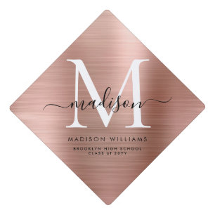 Glam Rose Gold Brushed Metal Monogram Script Class Graduation Cap Topper
