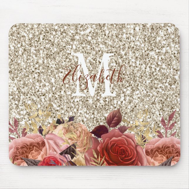 Glam Rose Gold Floral Monogram Light Gold Glitter Mouse Pad (Front)