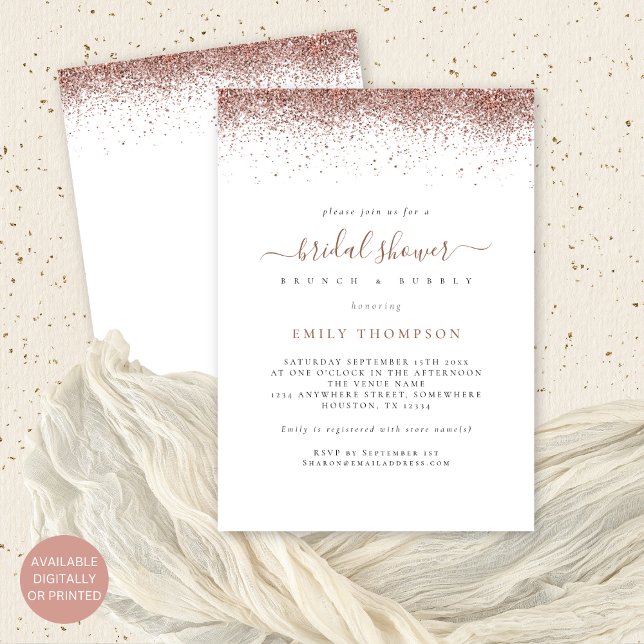 Glam Rose Gold Glitter Bridal Shower  Invitation (Front and back view)
