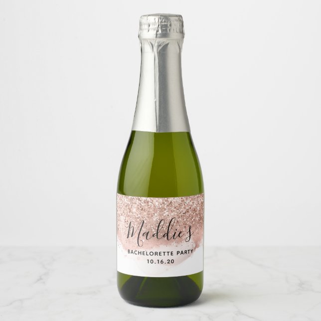 Glam Rose Gold Glitter Bridal Shower Sparkling Wine Label (Front)