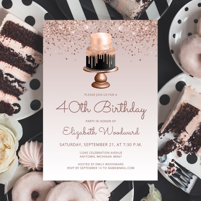 Glam Rose Gold Glitter Cake 40th Birthday Party Invitation (Creator Uploaded)