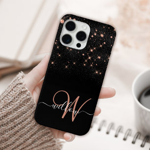 Glam Rose Gold Glitter Diamond Elegant Monogram iPhone 15 Pro Max Case