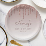 Glam Rose Gold Glitter Drip 80th Birthday Party Paper Plate<br><div class="desc">These chic,  elegant 80th birthday party paper plates feature a sparkly rose gold faux glitter drip border and rose gold ombre background. Personalize them with the guest of honour's name in dark rose handwriting script,  with her birthday and date below in sans serif font.</div>