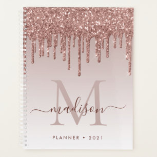 Glam Rose Gold Glitter Drips Elegant Monogram Planner