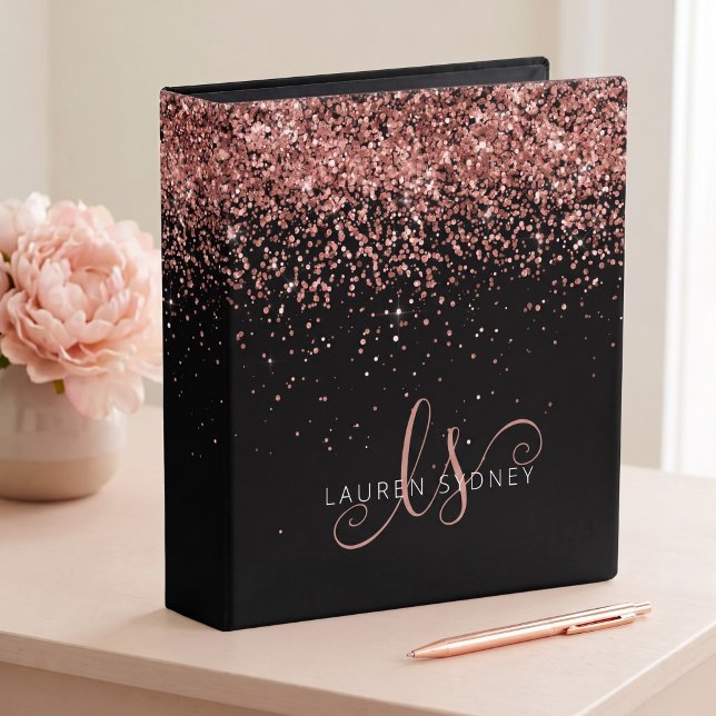 Glam Rose Gold Glitter Elegant Monogram Binder (Creator Uploaded)