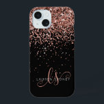 Glam Rose Gold Glitter Elegant Monogram iPhone 15 Case<br><div class="desc">Glam Rose Gold Glitter Elegant Monogram iPhone Case. Easily personalize this trendy chic phone case design featuring elegant rose gold sparkling glitter on a black background. The design features your handwritten script monogram with pretty swirls and name.</div>