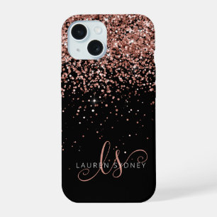 Glam Rose Gold Glitter Elegant Monogram iPhone 15 Case