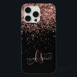 Glam Rose Gold Glitter Elegant Monogram iPhone 15 Pro Max Case<br><div class="desc">Glam Rose Gold Glitter Elegant Monogram iPhone Case. Easily personalize this trendy chic phone case design featuring elegant rose gold sparkling glitter on a black background. The design features your handwritten script monogram with pretty swirls and name.</div>