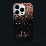 Glam Rose Gold Glitter Elegant Monogram iPhone 14 Pro Case<br><div class="desc">Glam Rose Gold Glitter Elegant Monogram iPhone Case. Easily personalize this trendy chic phone case design featuring elegant rose gold sparkling glitter on a black background. The design features your handwritten script monogram with pretty swirls and name.</div>