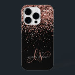 Glam Rose Gold Glitter Elegant Monogram iPhone 14 Pro Case<br><div class="desc">Glam Rose Gold Glitter Elegant Monogram iPhone Case. Easily personalize this trendy chic phone case design featuring elegant rose gold sparkling glitter on a black background. The design features your handwritten script monogram with pretty swirls and name.</div>