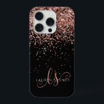 Glam Rose Gold Glitter Elegant Monogram iPhone 15 Pro Case<br><div class="desc">Glam Rose Gold Glitter Elegant Monogram iPhone Case. Easily personalize this trendy chic phone case design featuring elegant rose gold sparkling glitter on a black background. The design features your handwritten script monogram with pretty swirls and name.</div>