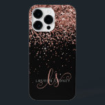 Glam Rose Gold Glitter Elegant Monogram iPhone 14 Pro Max Case<br><div class="desc">Glam Rose Gold Glitter Elegant Monogram iPhone Case. Easily personalize this trendy chic phone case design featuring elegant rose gold sparkling glitter on a black background. The design features your handwritten script monogram with pretty swirls and name.</div>