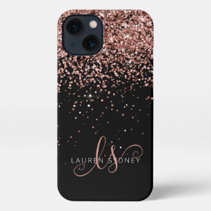 Glam Rose Gold Glitter Elegant Monogram iPhone 13 Case