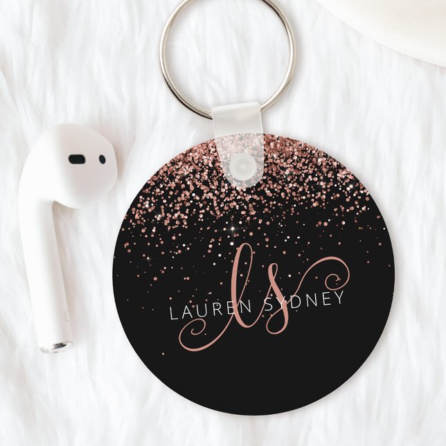 Glam Rose Gold Glitter Elegant Monogram Keychain (Creator Uploaded)
