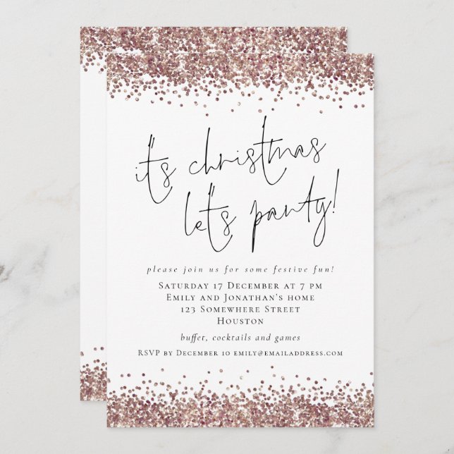 Glam Rose Gold Glitter Its Christmas Lets Party  Invitation (Front/Back)