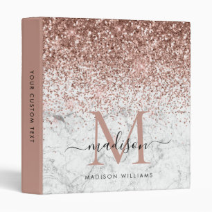 Glam Rose Gold Glitter Marble Monogram Script Name Binder