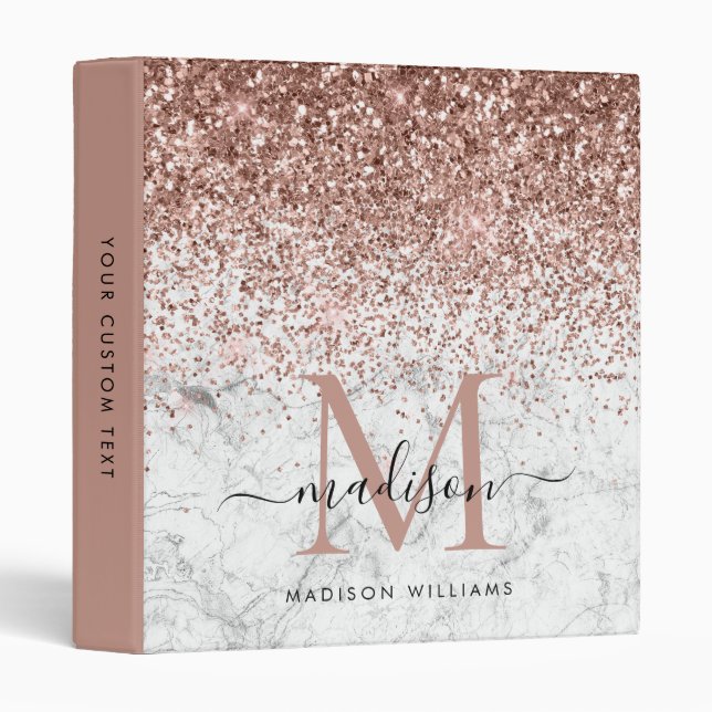 Glam Rose Gold Glitter Marble Monogram Script Name Binder (Front/Spine)