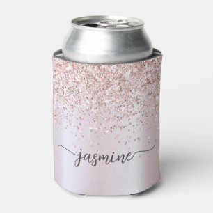 Glam Rose Gold Glitter Metal Monogram Name Script Can Cooler
