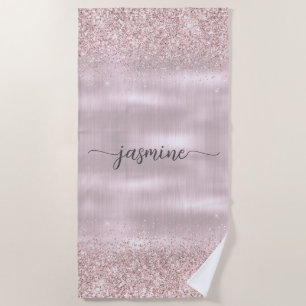 Glam Rose Gold Glitter Monogram Name Girly Script  Beach Towel