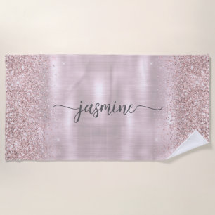 Glam Rose Gold Glitter Monogram Name Girly Script Beach Towel