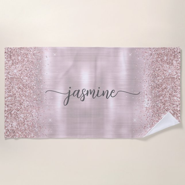 Glam Rose Gold Glitter Monogram Name Girly Script Beach Towel (Front)