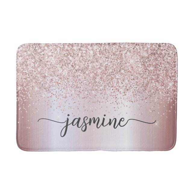 Glam Rose Gold Glitter Monogram Typography Bath Ma Bath Mat (Front)