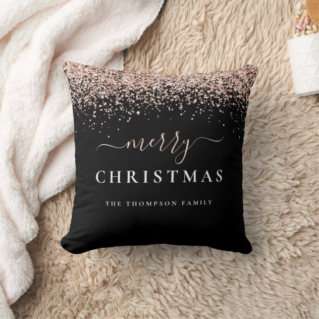 Glam Rose Gold Glitter Name Black Merry Christmas Throw Pillow (Blanket)