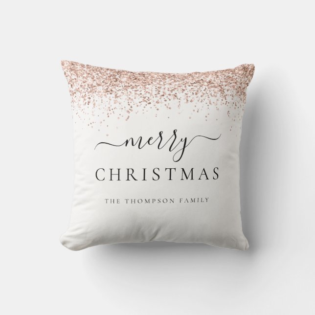 Glam Rose Gold Glitter Name White Merry Christmas Throw Pillow (Front)