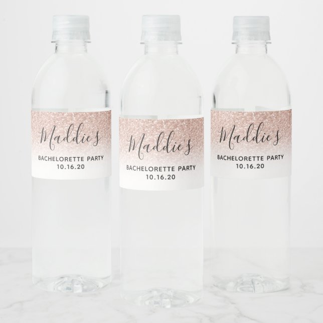 Glam Rose Gold Glitter Ombre Bachelorette  Water Bottle Label (Bottles)
